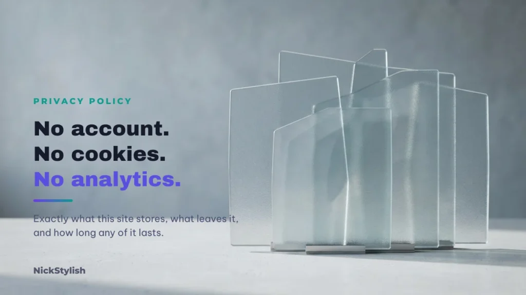 NickStylish privacy policy: no account, no cookies, no analytics