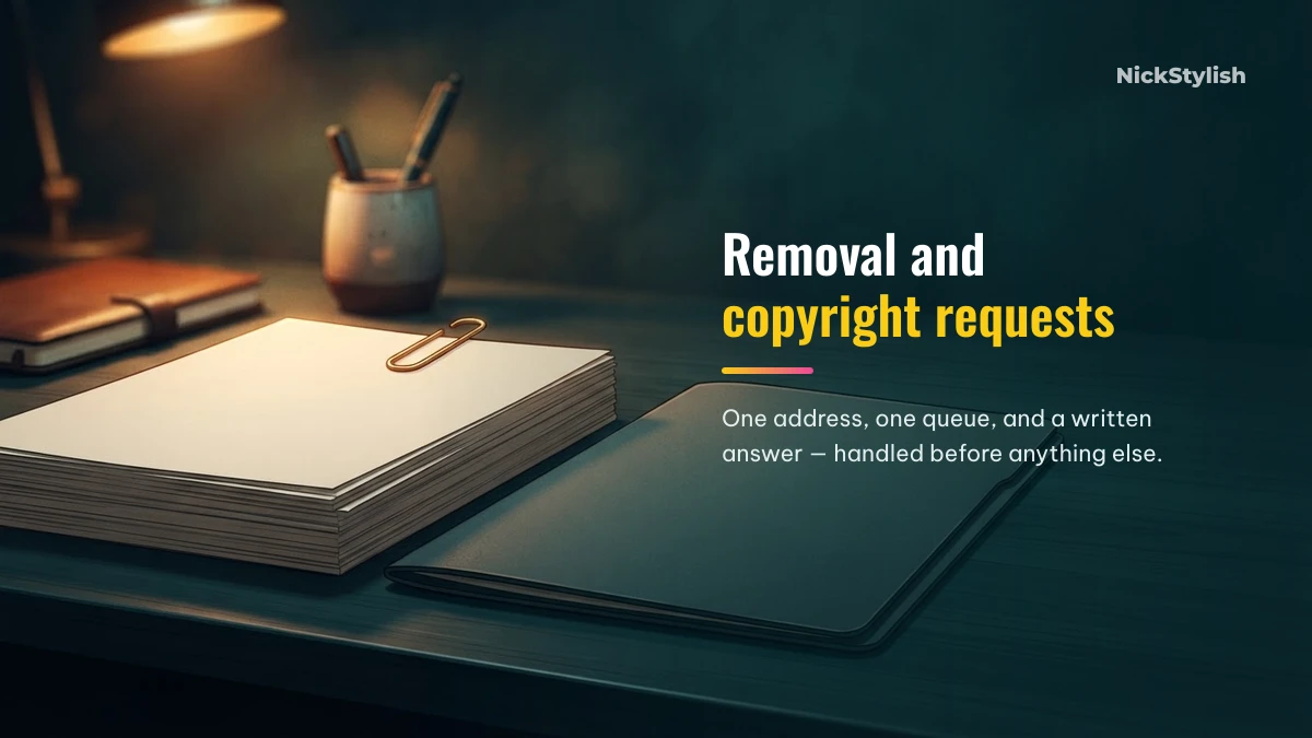 Removal and copyright requests at NickStylish handled in one written queue
