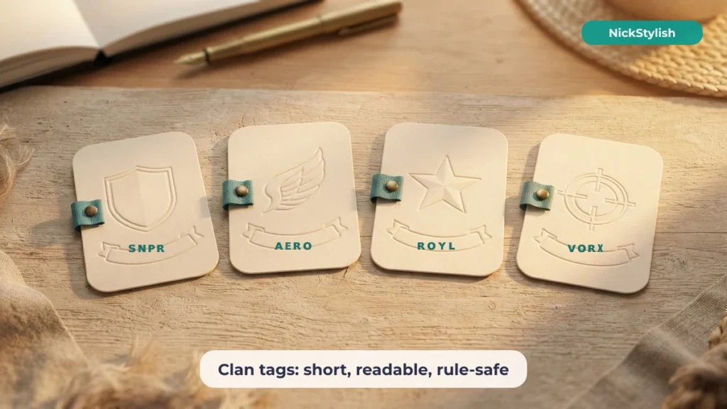 Four short BGMI clan name tags written on blank squad badge cards