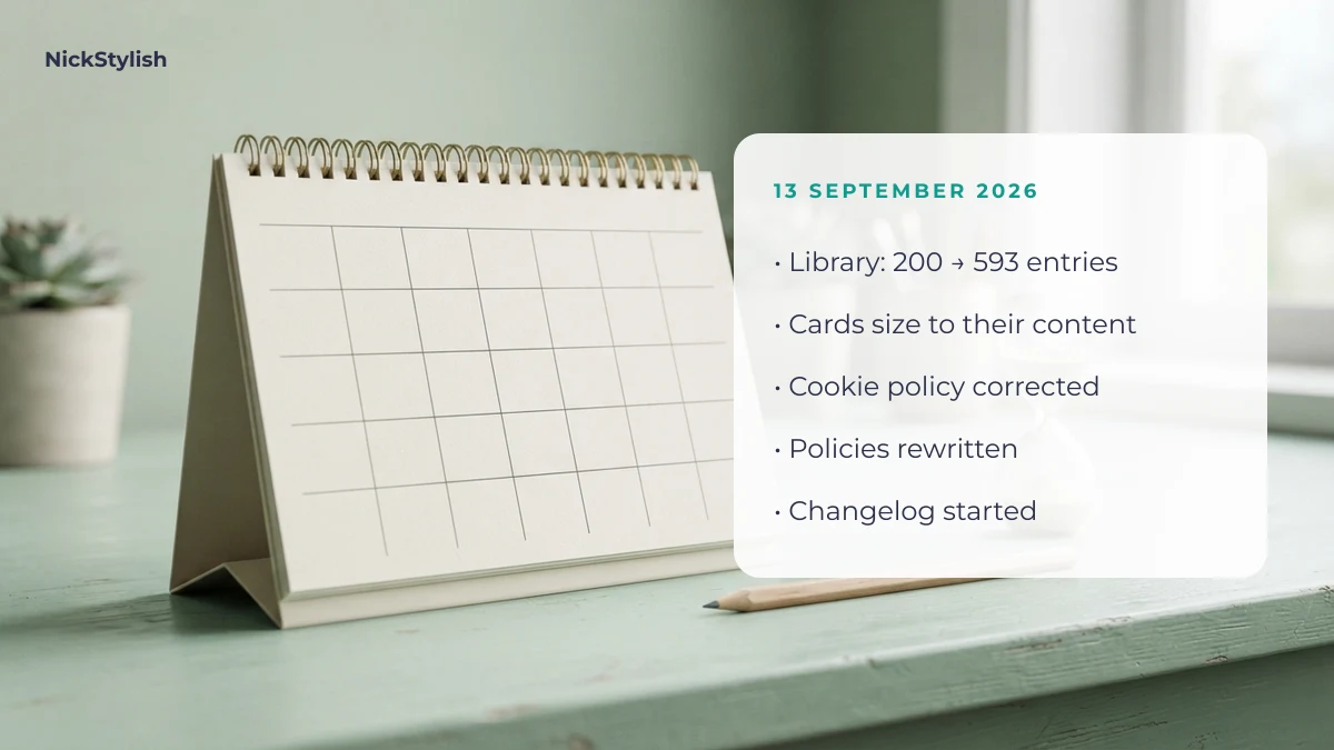 Changelog entry for 13 September 2026: library expanded to 593 entries and policies rewritten