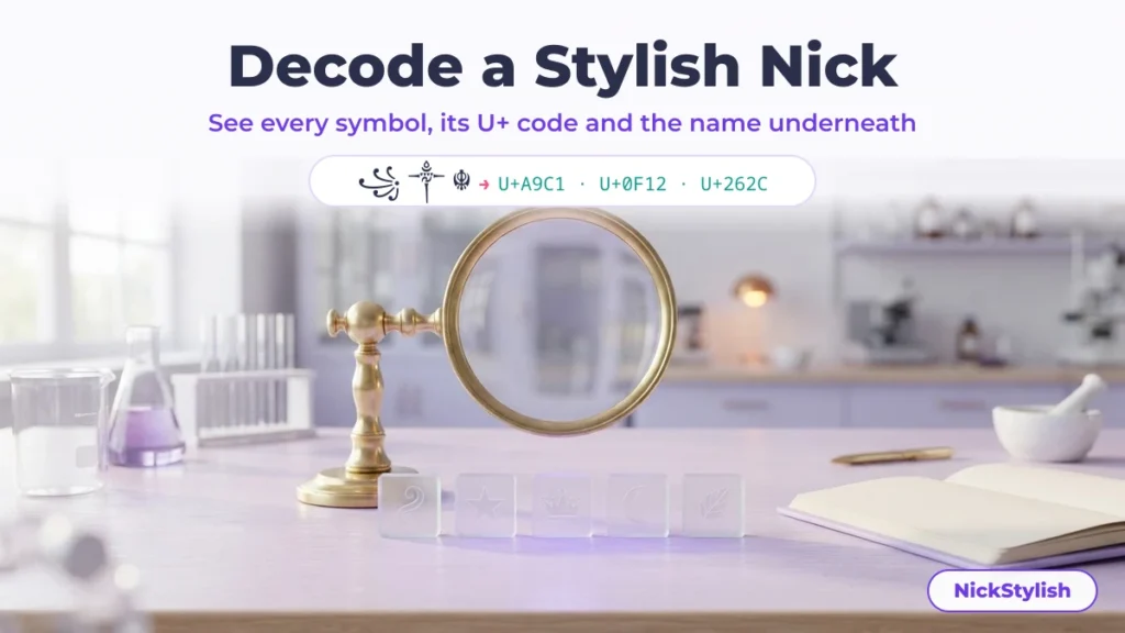 Decode stylish nick symbols: a magnifier over ornament tiles with their U+ codes