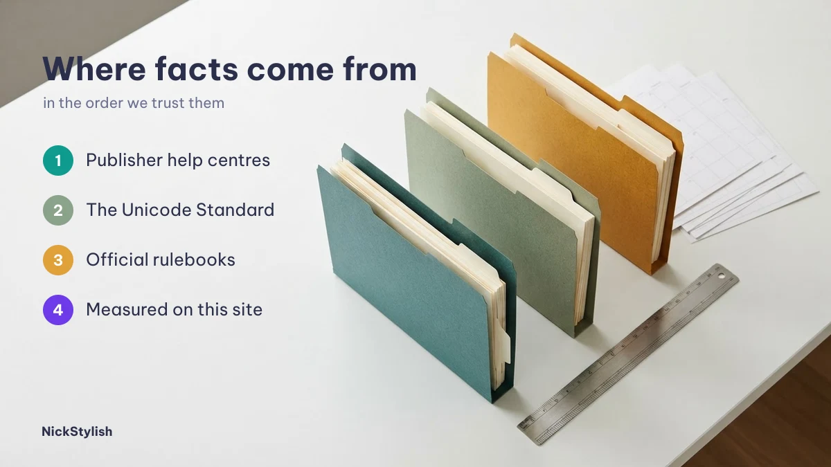 Editorial policy source order: publisher help centres, the Unicode Standard, rulebooks, site data