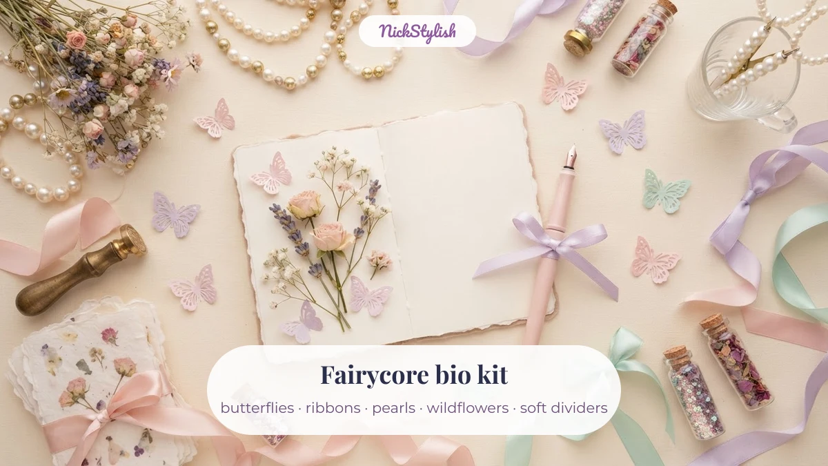 Fairycore flat lay of butterflies, ribbons and pearls for Instagram bio decorations