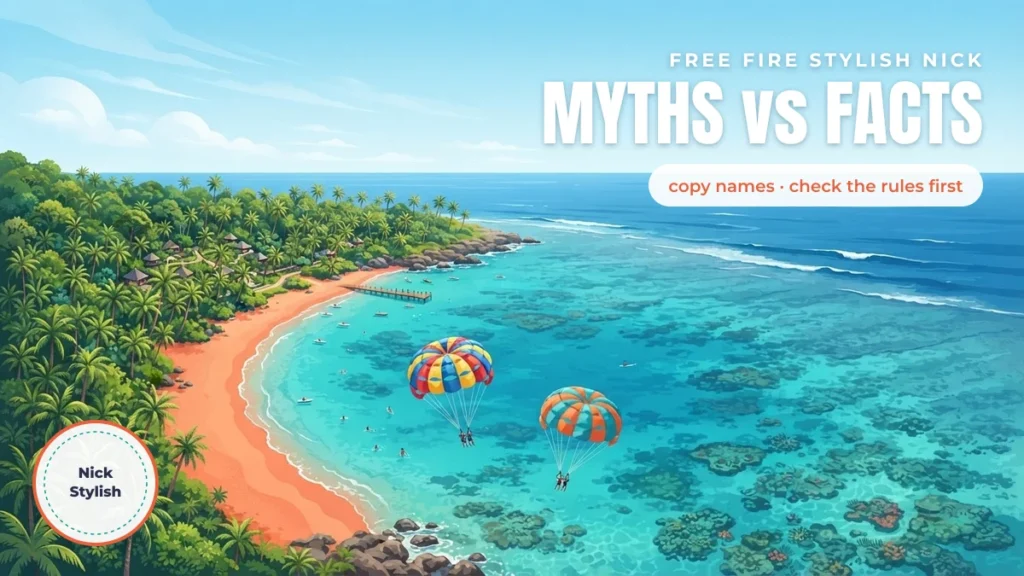 Stylish nick for Free Fire: myths vs facts banner over a tropical island