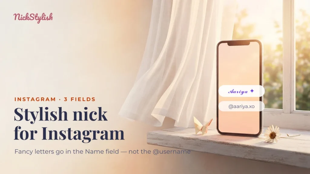 Stylish nick for Instagram: styled name on a phone at a sunny window