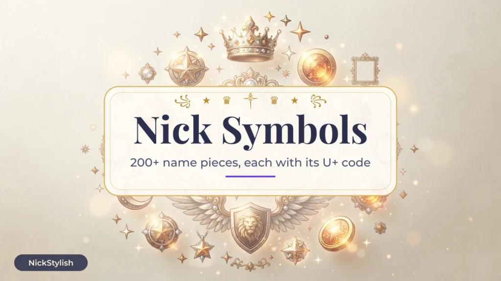Nick symbols copy board: crowns, stars and Javanese frames with their U+ codes