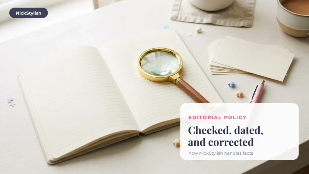 NickStylish editorial policy: notebook and magnifying glass for checking facts