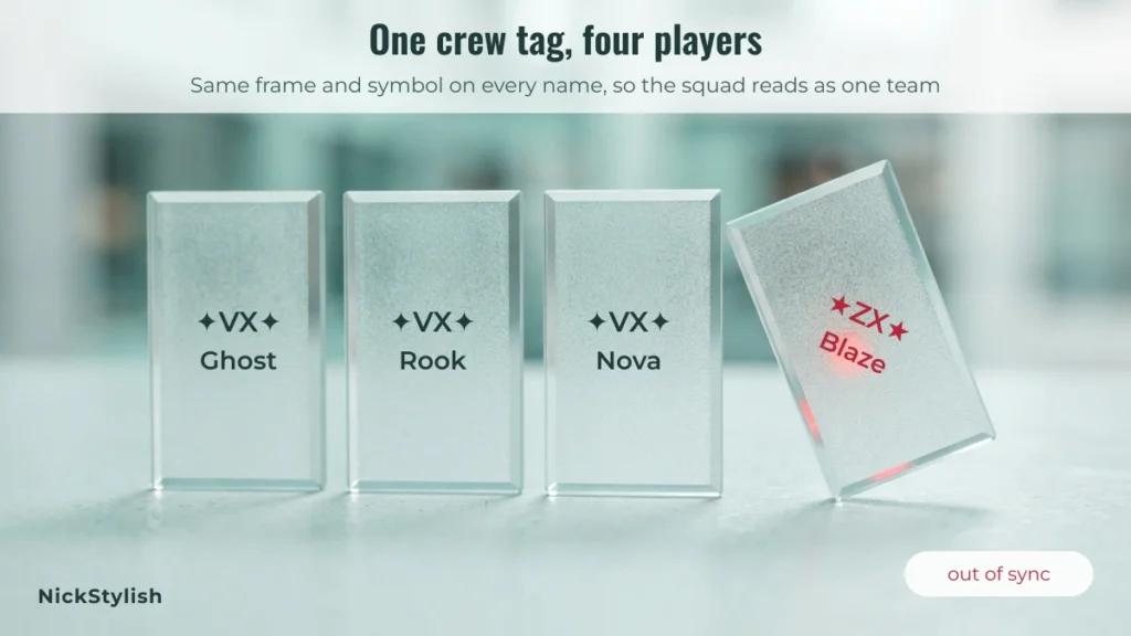 Four squad name plates sharing one PUBG crew tag, with one plate out of sync