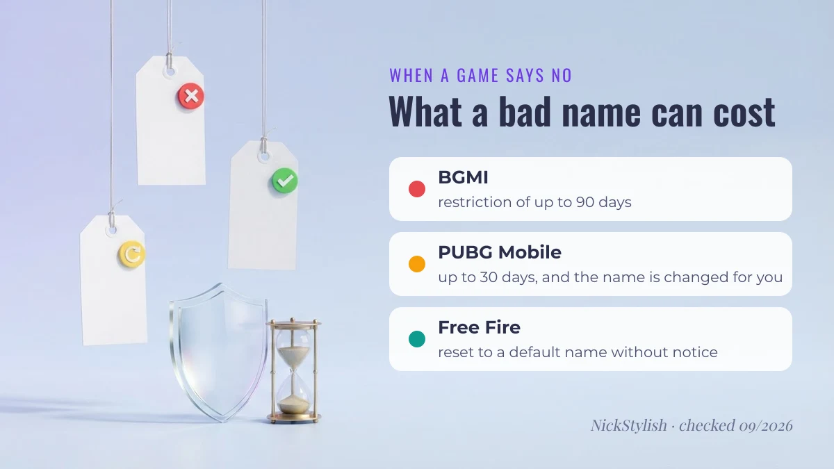 Name penalties compared: BGMI up to 90 days, PUBG Mobile up to 30 days, Free Fire name reset
