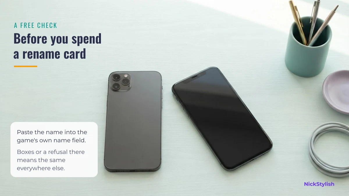 Two phones on a desk: paste a styled name into the game field before spending a rename card